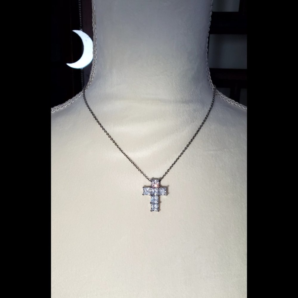 Princess Cut Square White Rhinestones Cross Pendant Necklace